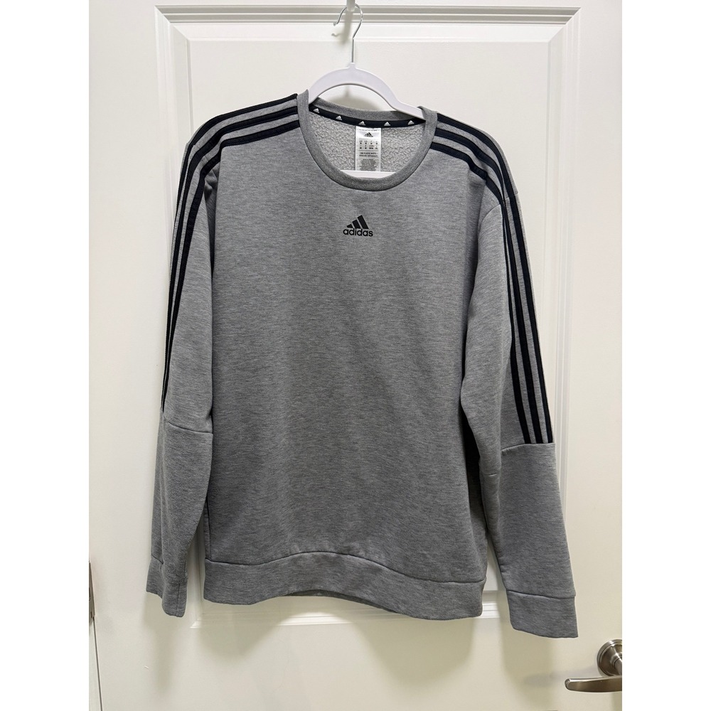 Adidas Mens Three Stripe Crewneck Sweatshirt Gray Black Logo Pullover Medium
